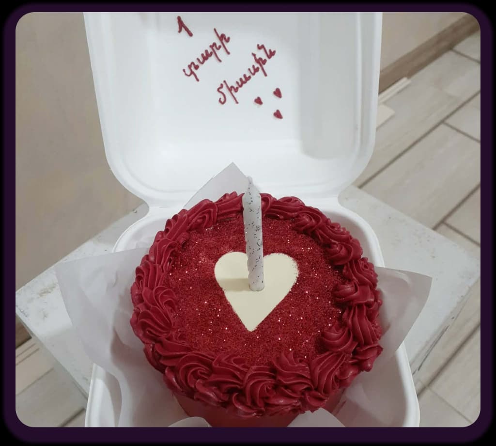 Handmade Bento Cake with Armenian handwriting 1 տարի միասին — supporting local bakers